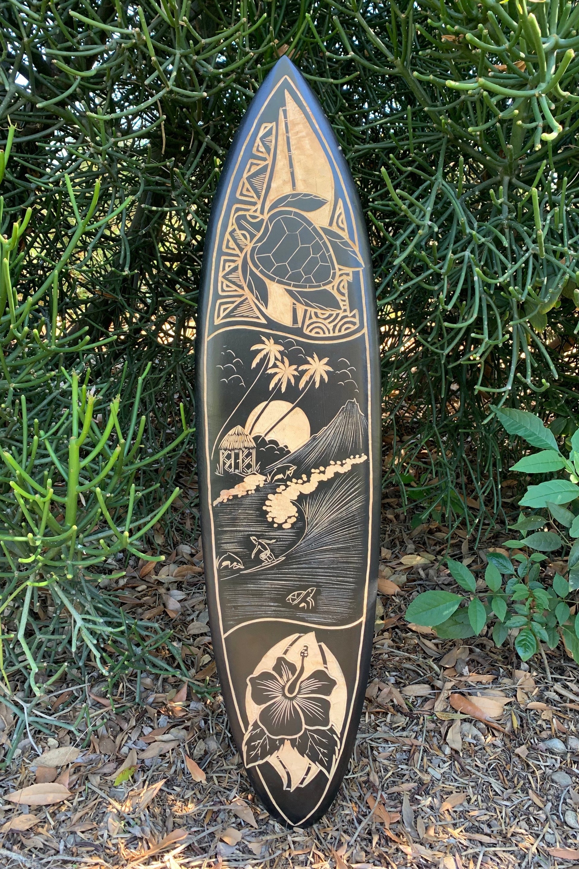 Tropical Island, Surfer, Habiscus, and Sea Turtle Tribal Surfboard Wood Carving Wall Plaque 39"x 10"