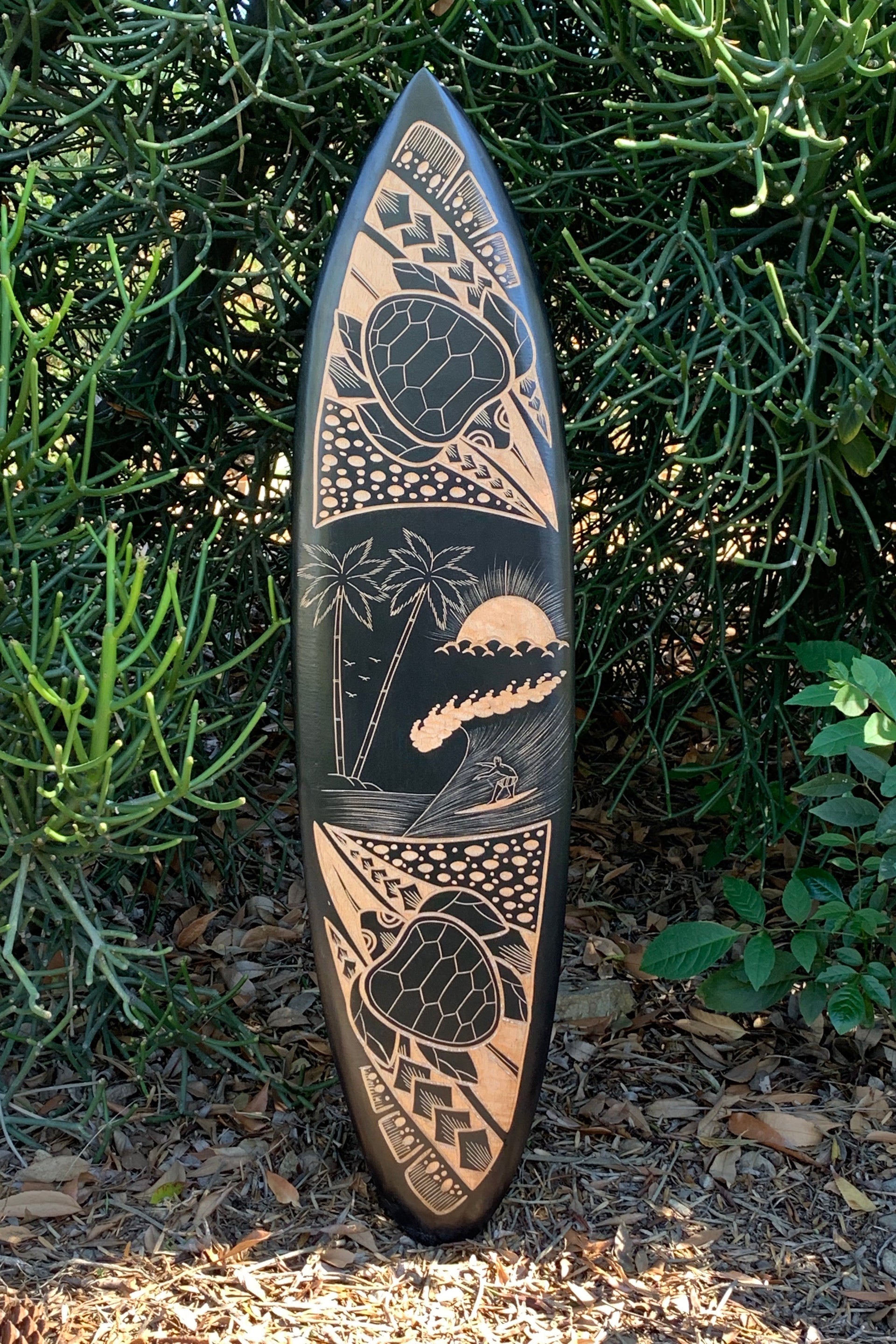 SeaTurtle Surfer Tribal Surfboard Wood Carving Wall Plaque 39"x 10"