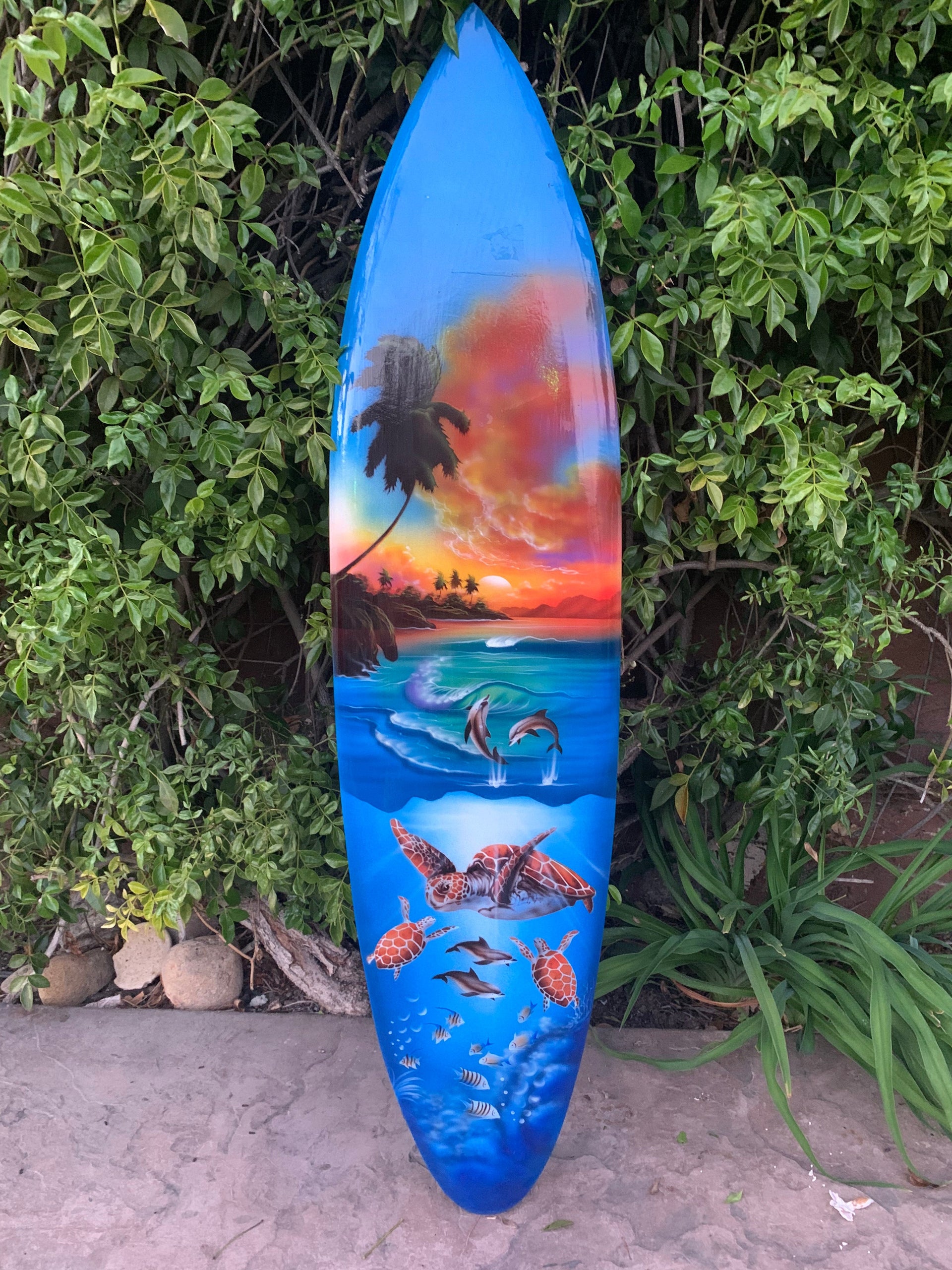 Tropical Ocean Sea Turtle Dolphin  Airbrushed Mango Wood Decorative Surfboard Plaque 39"