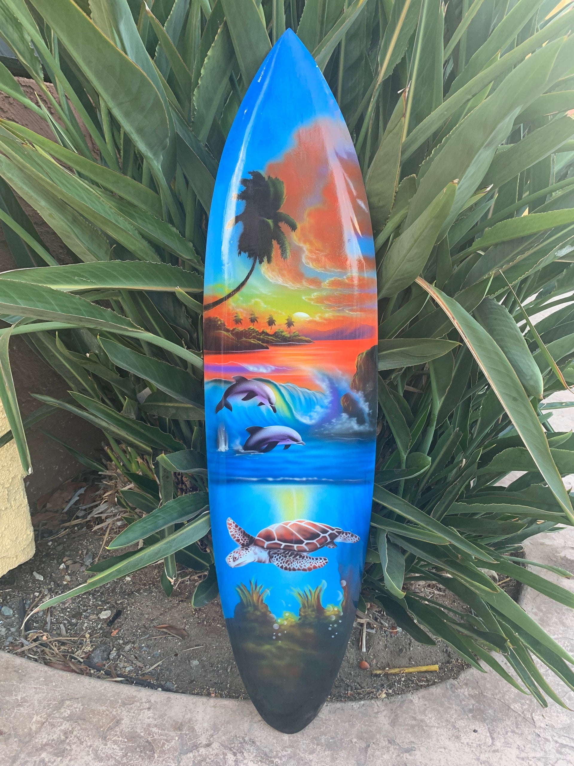 Tropical Ocean Sea Turtle Dolphin  Airbrushed Mango Wood Decorative Surfboard Plaque 39"