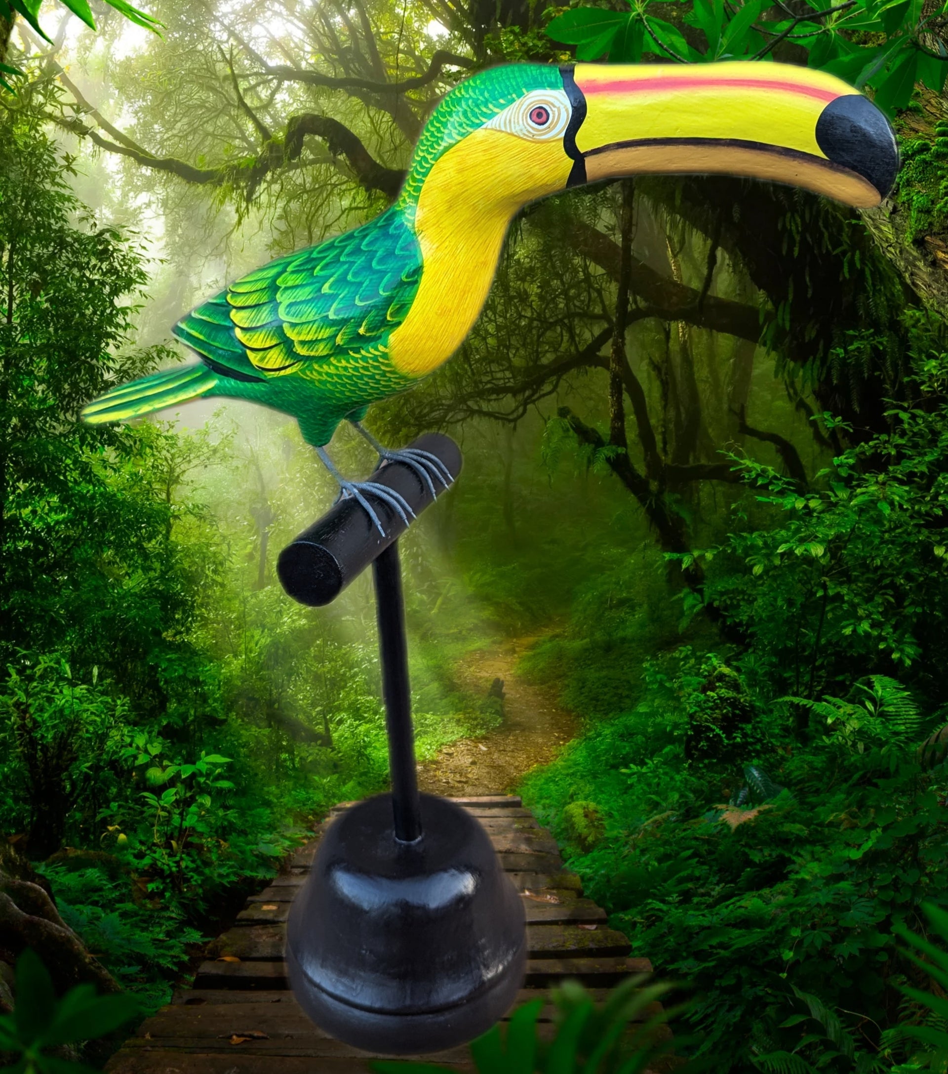 Tropical Green Toucan Wood Carving Statue 20" beak to tail