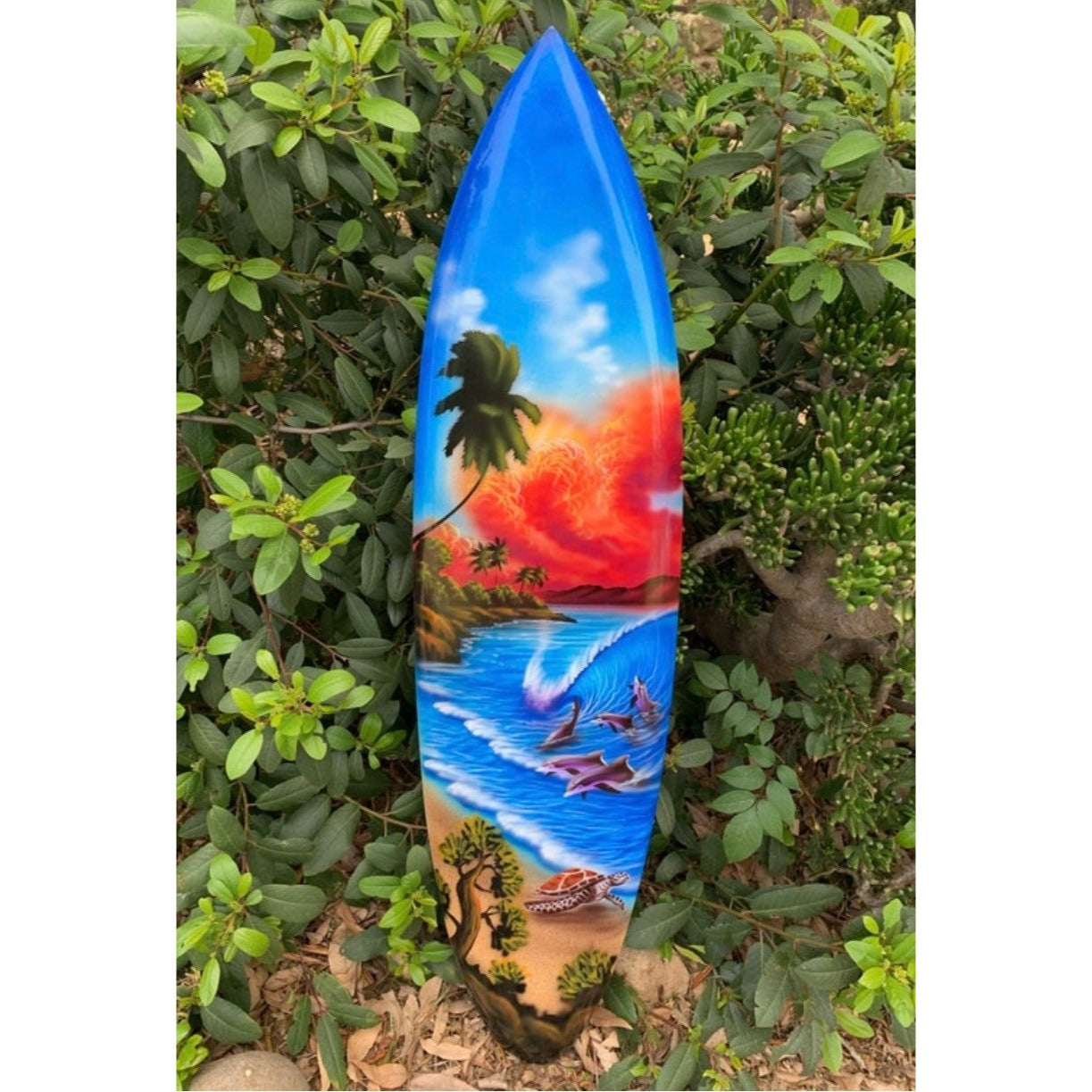Tropical Turtle Sunset and Dolphin Decorative Surfboards Wall Plaque Mango Wood 39"x 10"