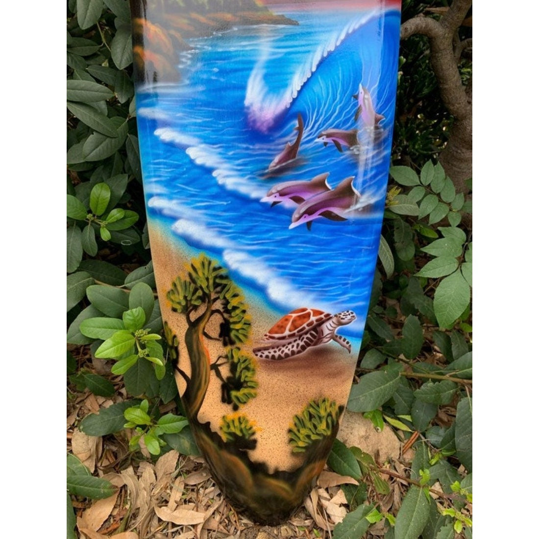 Tropical Turtle Sunset and Dolphin Decorative Surfboards Wall Plaque Mango Wood 39"x 10"