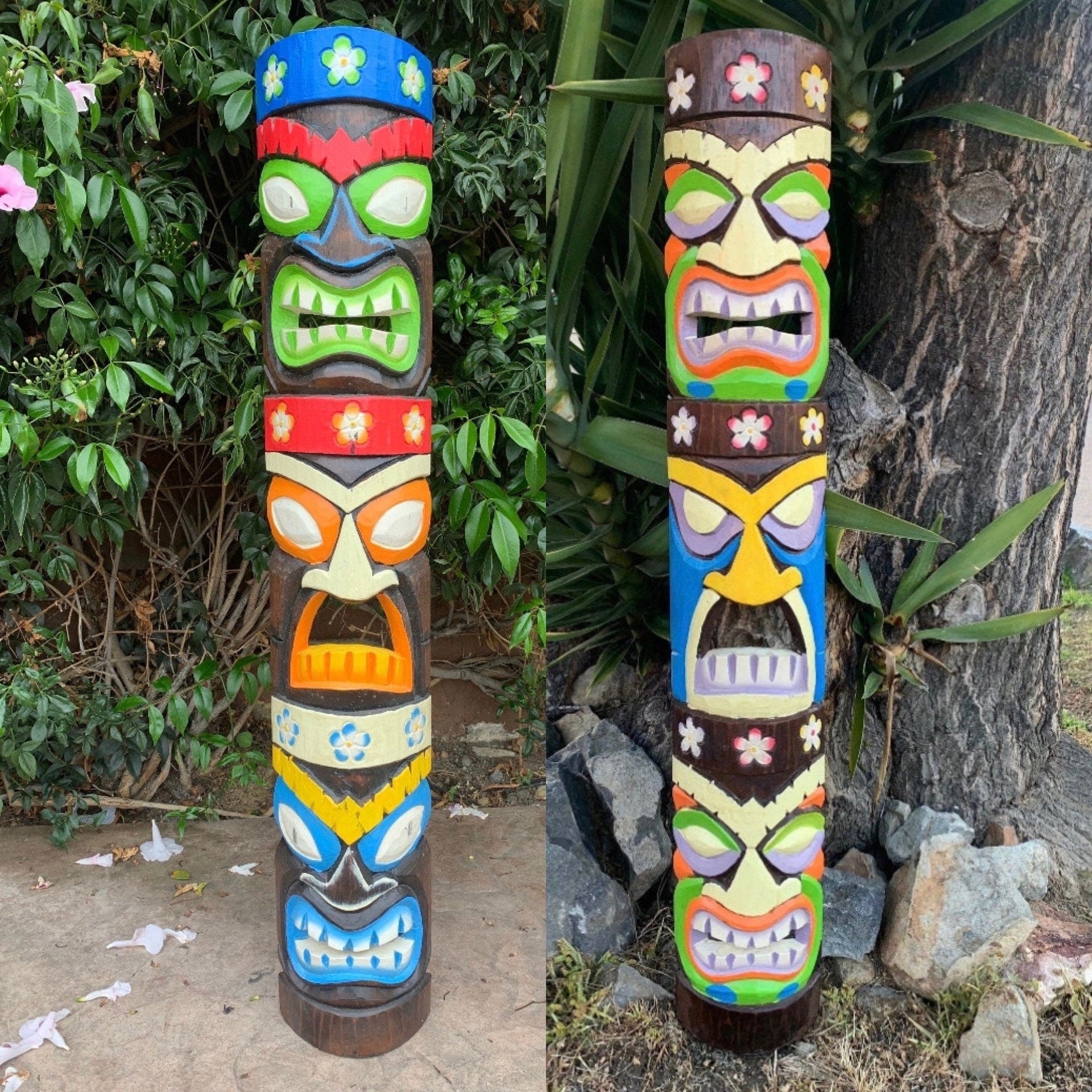 2 Set of Colorful Tiki Totem Masks Hand Carved 3 Face Tropical Bar Patio Decor 39"x 6"