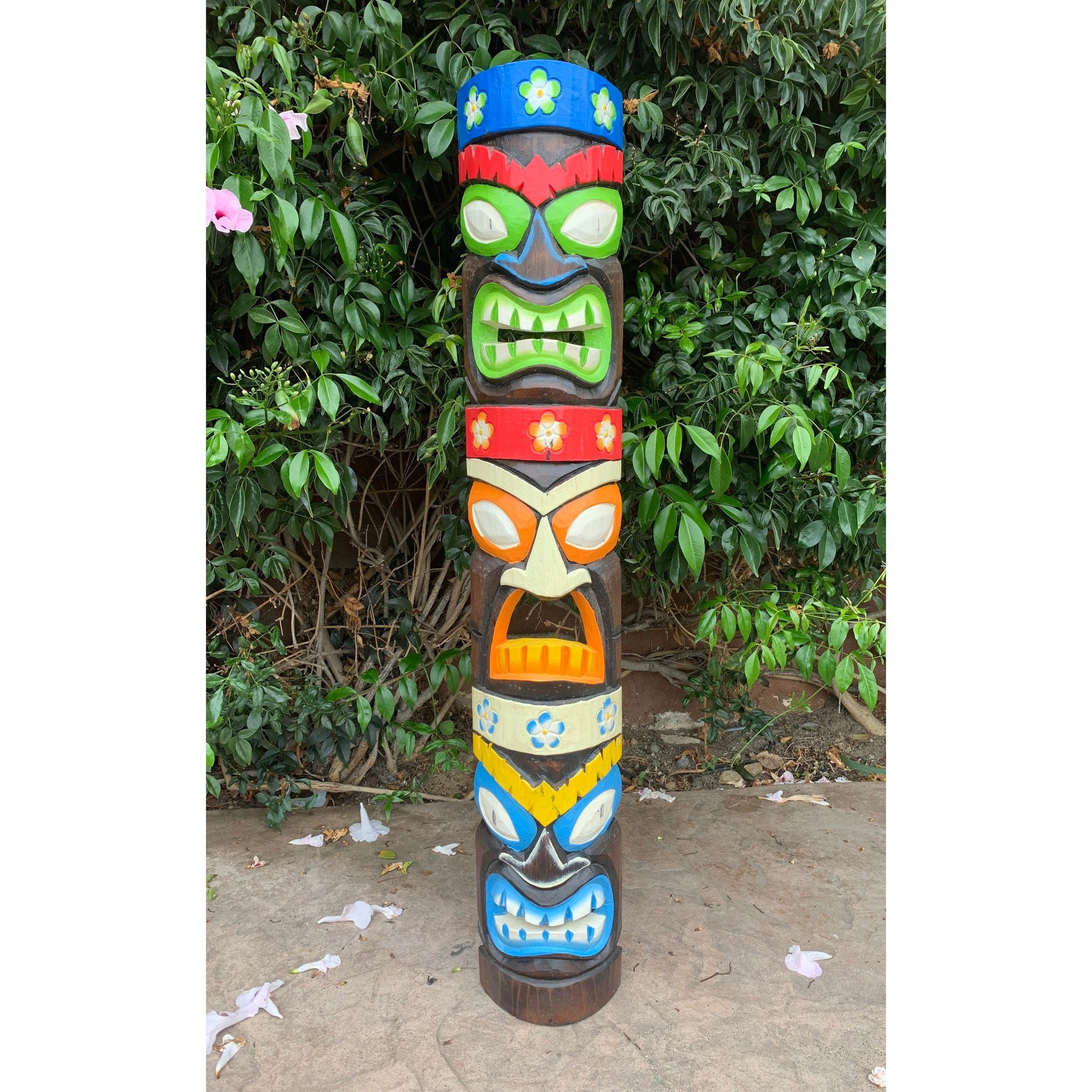 2 Set of Colorful Tiki Totem Masks Hand Carved 3 Face Tropical Bar Patio Decor 39"x 6"