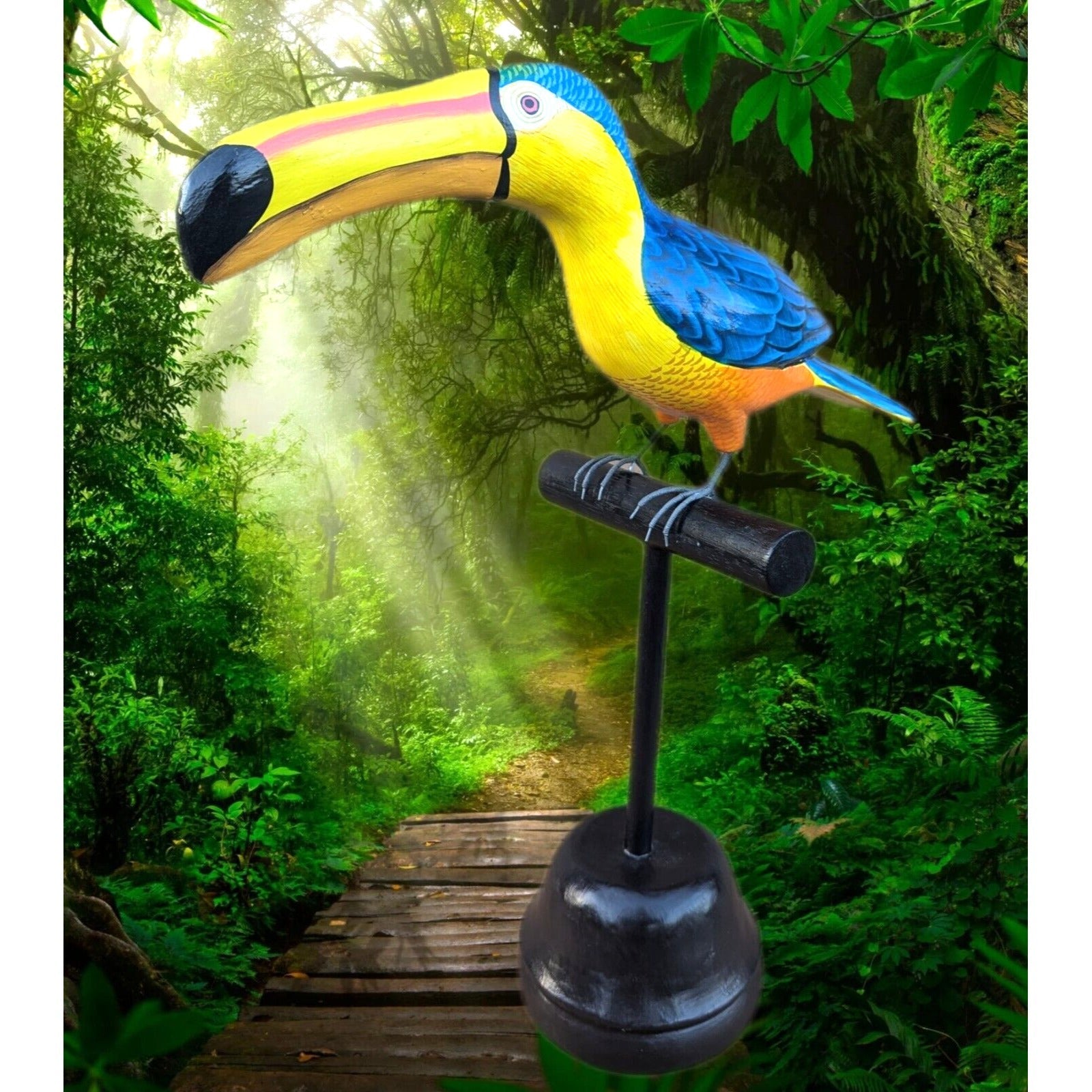 Toucan Statue on Wood Perch Hand-crafted Carved 20" Beak to Tail Tiki Bar Decor