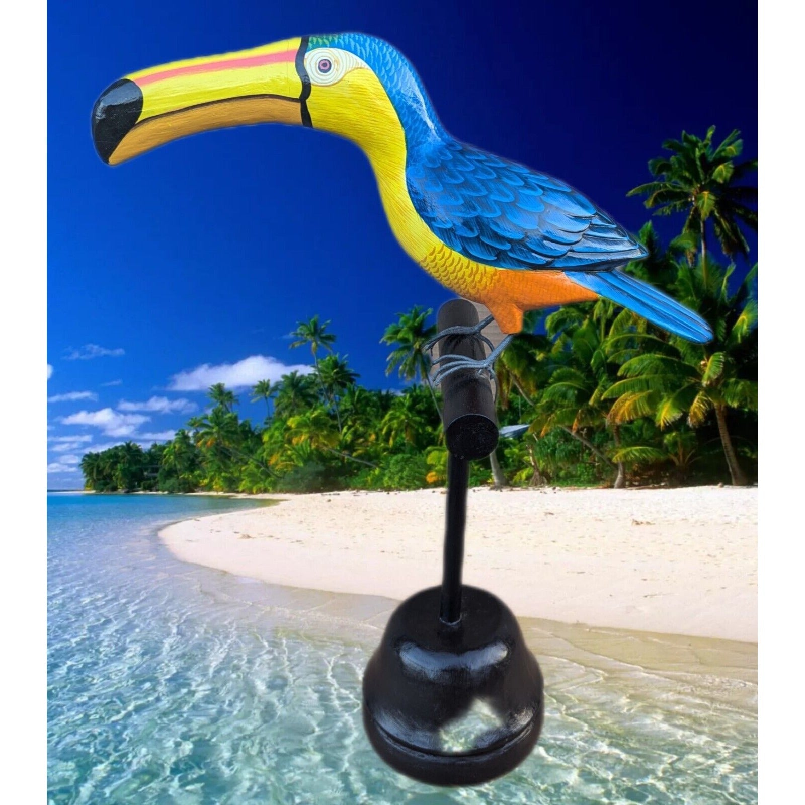 Toucan Statue on Wood Perch Hand-crafted Carved 20" Beak to Tail Tiki Bar Decor