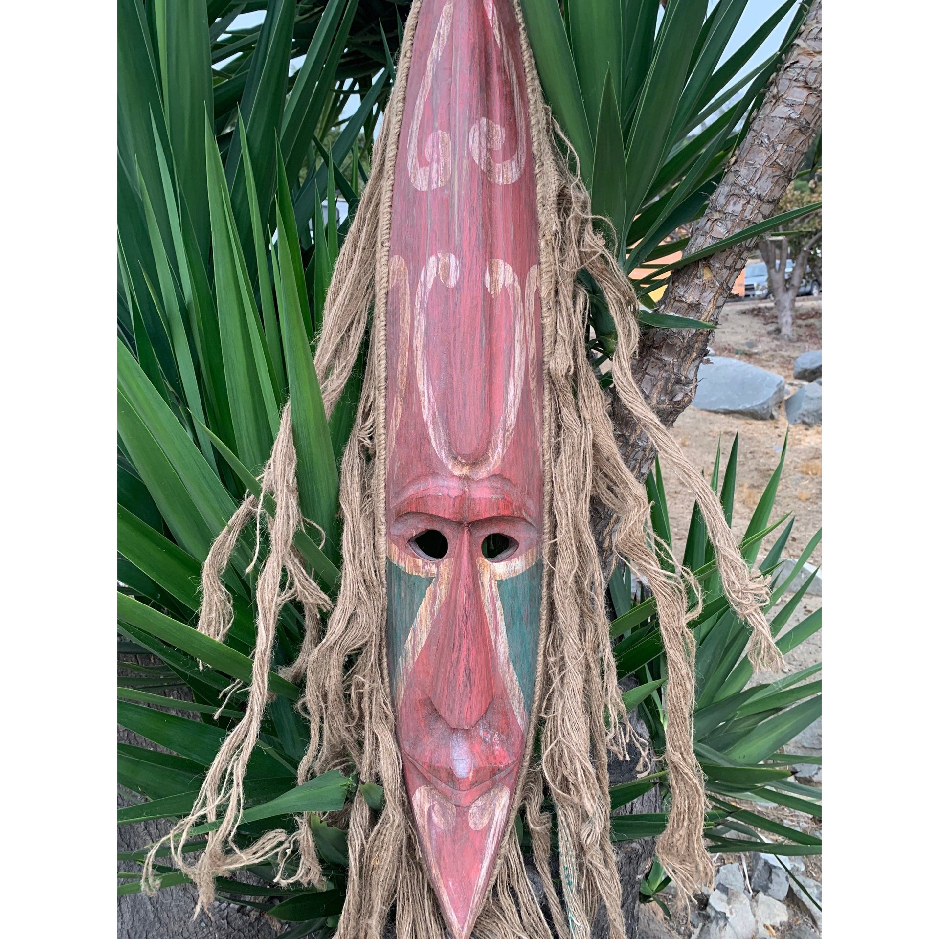 Rustic Primitive Tribal Wall Mask with Hair Vintage Finish 39”x 7”