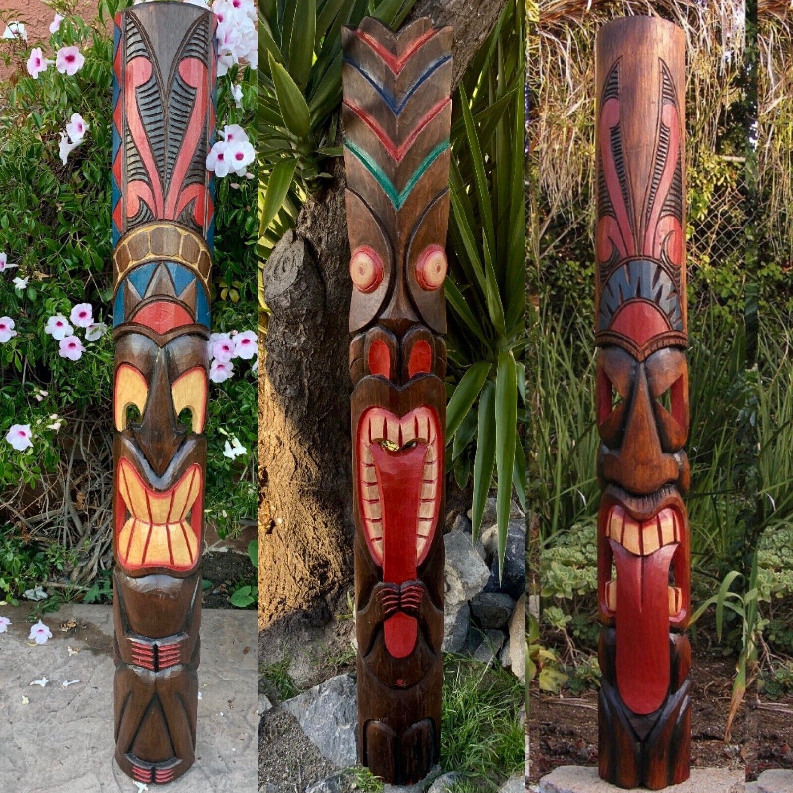 5 Foot Set of 3 Hand Carved Wooden Polynesian Tiki Totem Masks