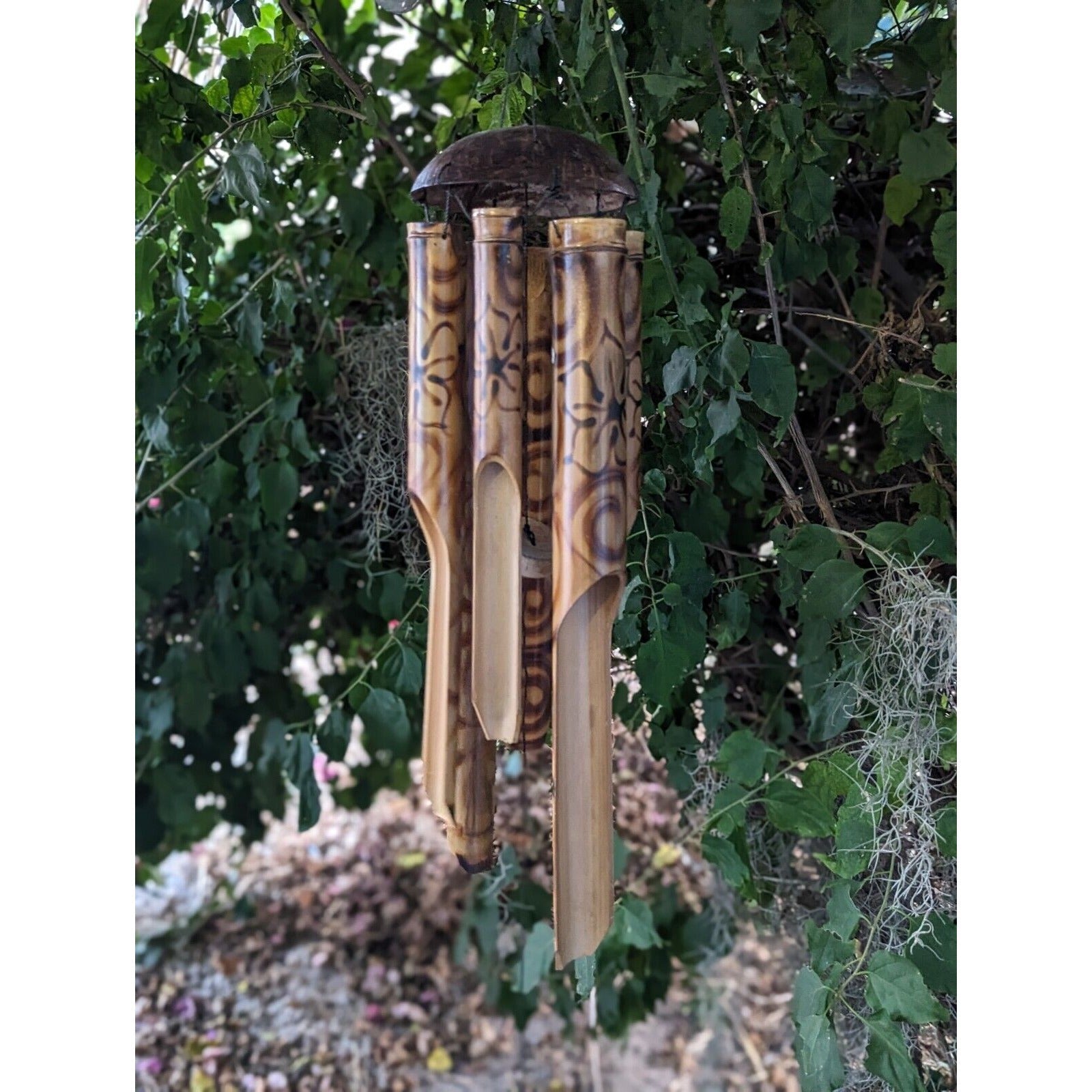 Half Coconut Bamboo  Wind Chimew/ Burned Design Tiki Bar Tropical - Eco Friendly