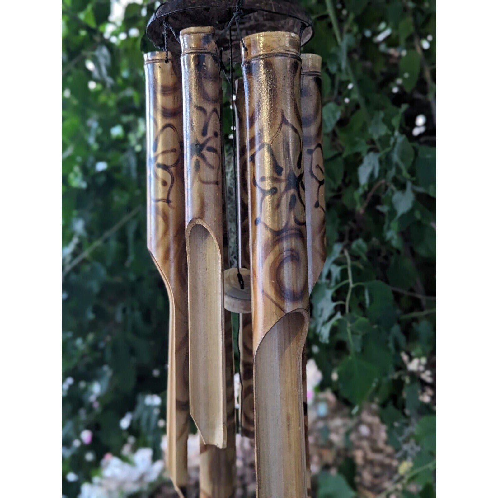 Half Coconut Bamboo  Wind Chimew/ Burned Design Tiki Bar Tropical - Eco Friendly