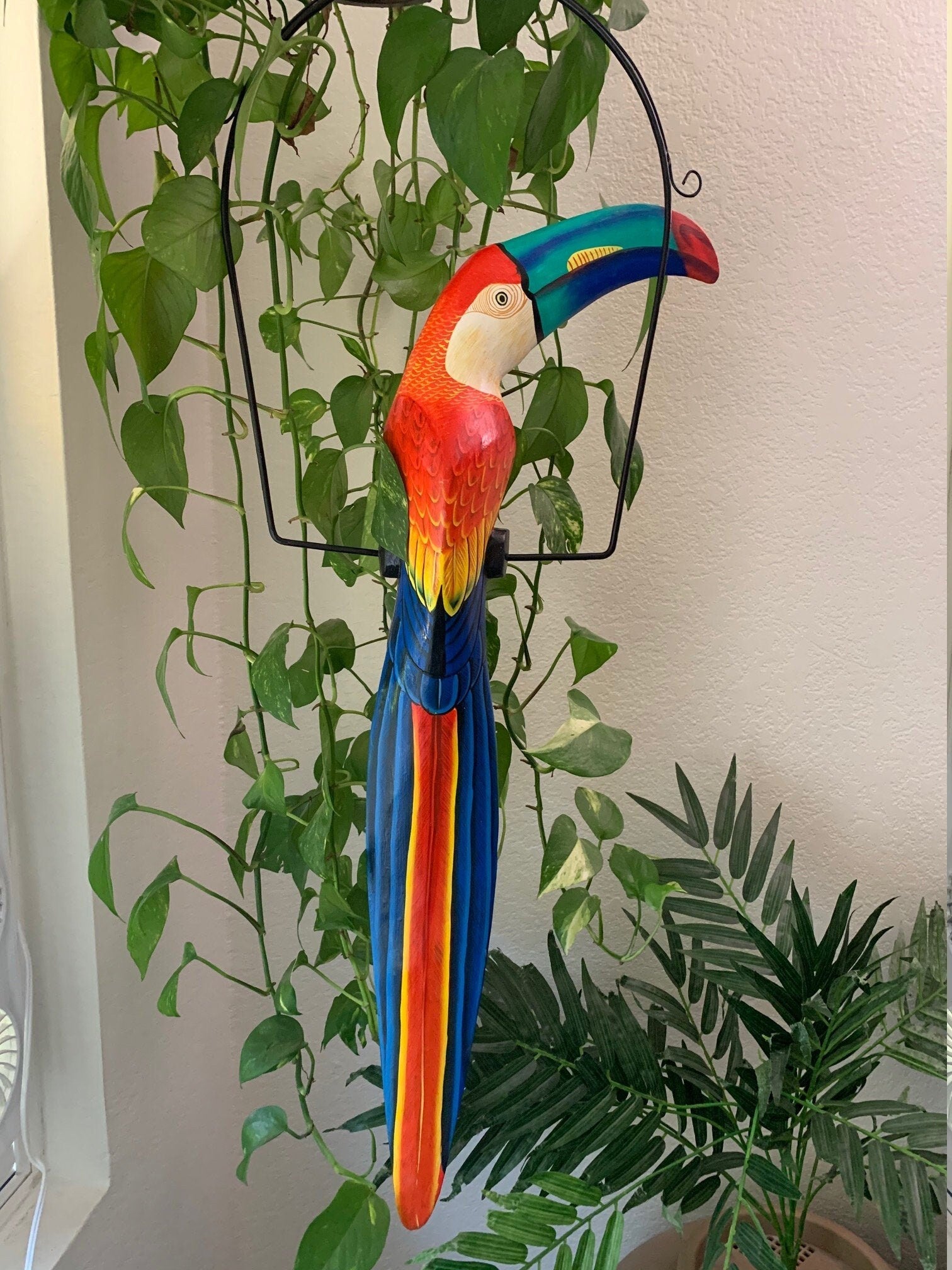 Tropical Toucan Hanging Bird Statue Wood Carving 32"x 11" in