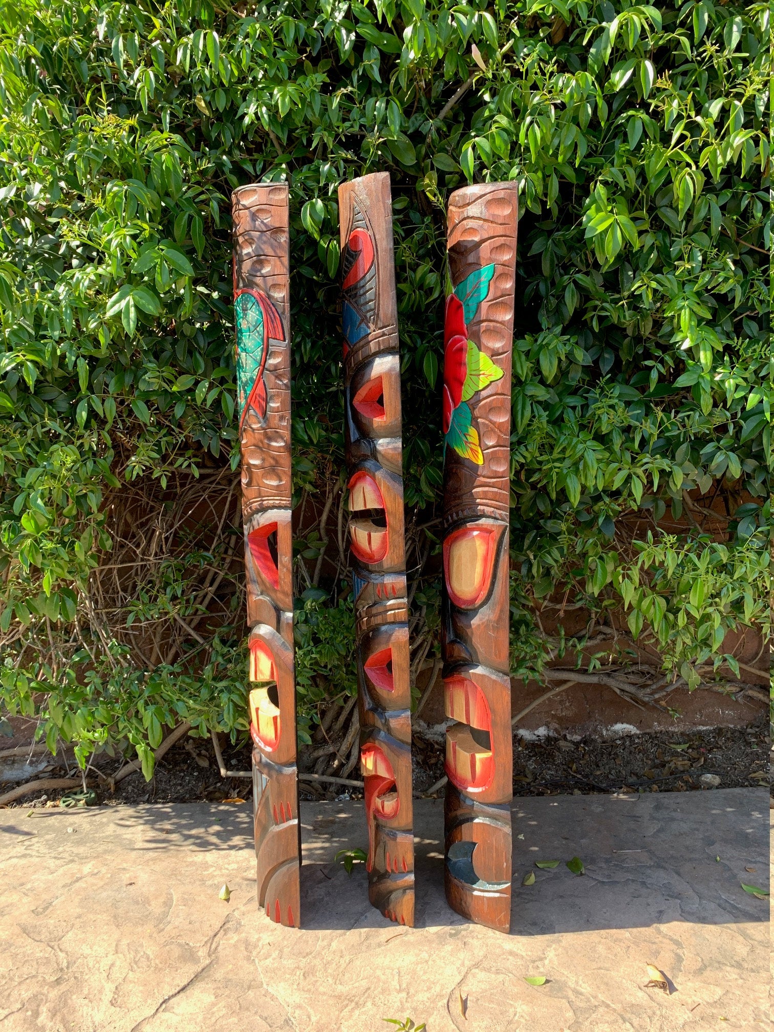 3 Set of Hand Carved Wooden Tiki Totem Masks Tropical Bar Patio Decor 39"x 6"in