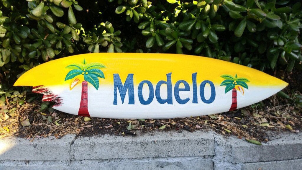 Modelo Surfboard w/ Palm Trees Tropical Wall Plaque  39"x 10"