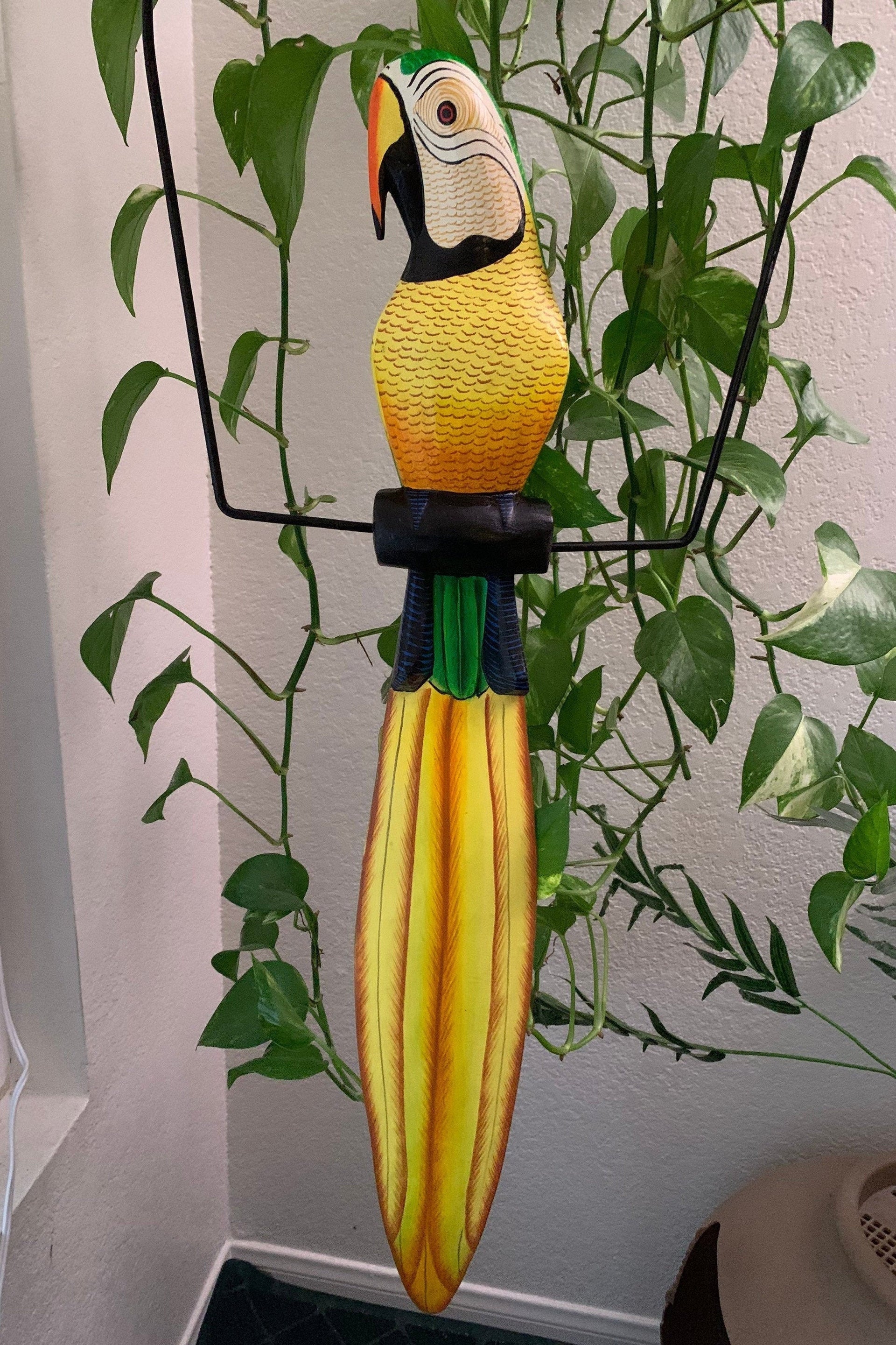 Tropical Green and Yellow Parrot Hanging Bird Statue Wood Carving 32"x 11" in
