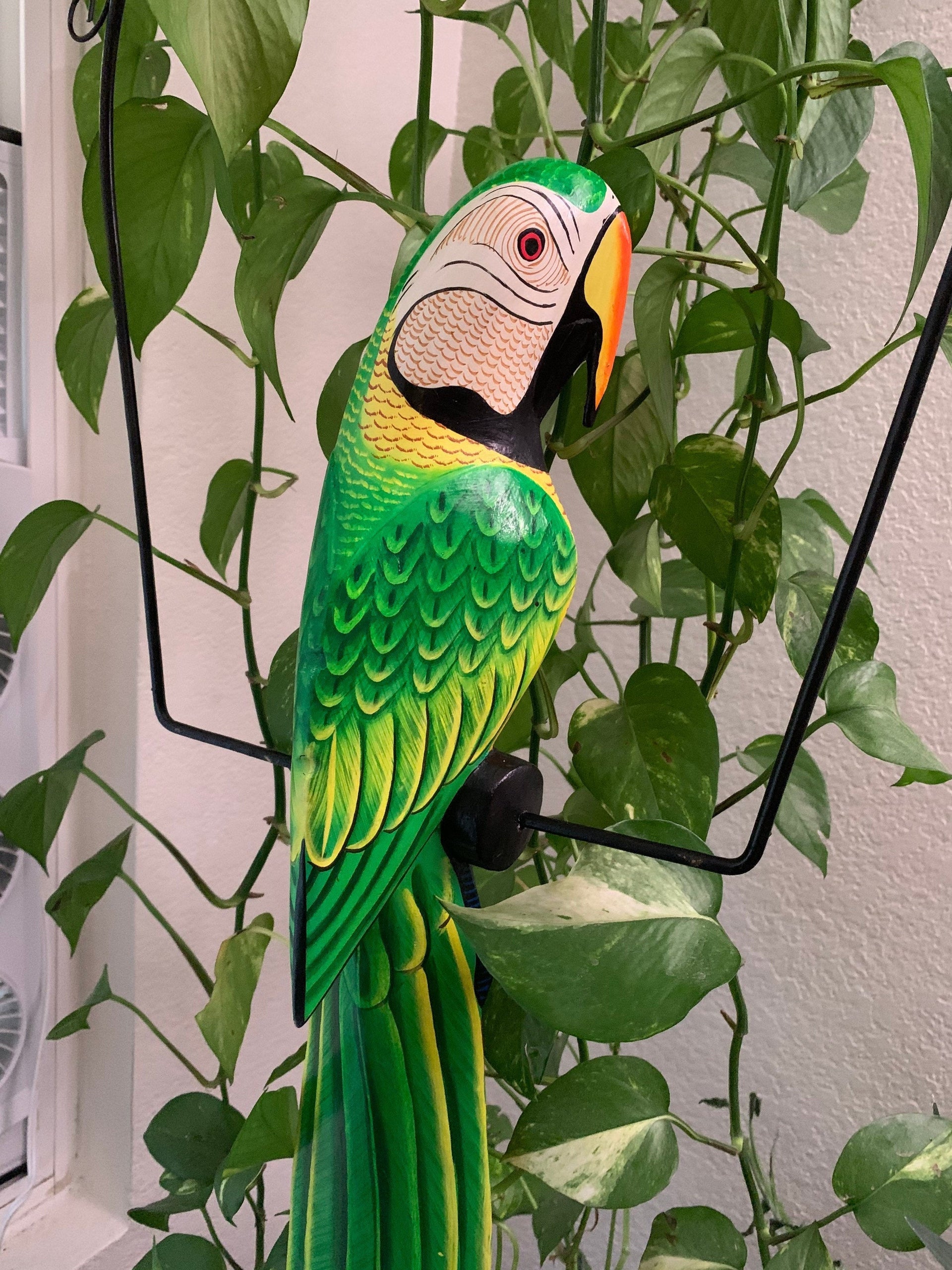 Tropical Green and Yellow Parrot Hanging Bird Statue Wood Carving 32"x 11" in