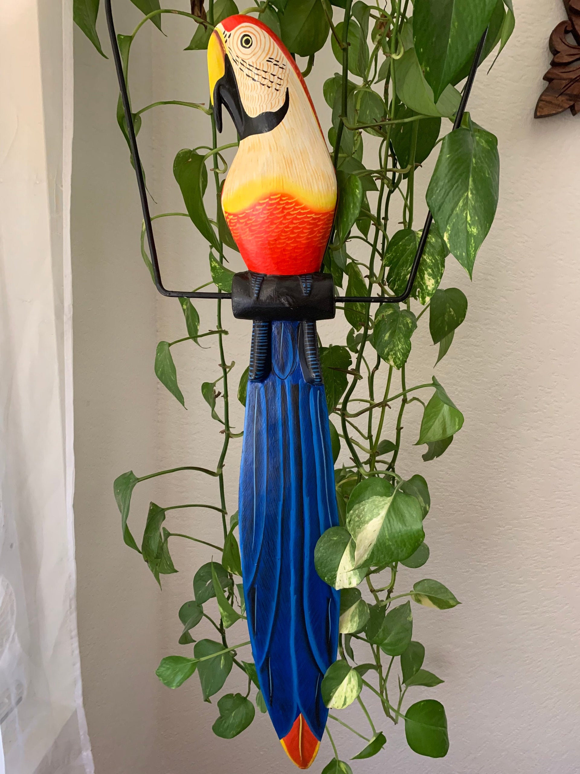Tropical Scarlet Macaw Parrot Hanging Bird Statue Wood Carving 32"x 11" in