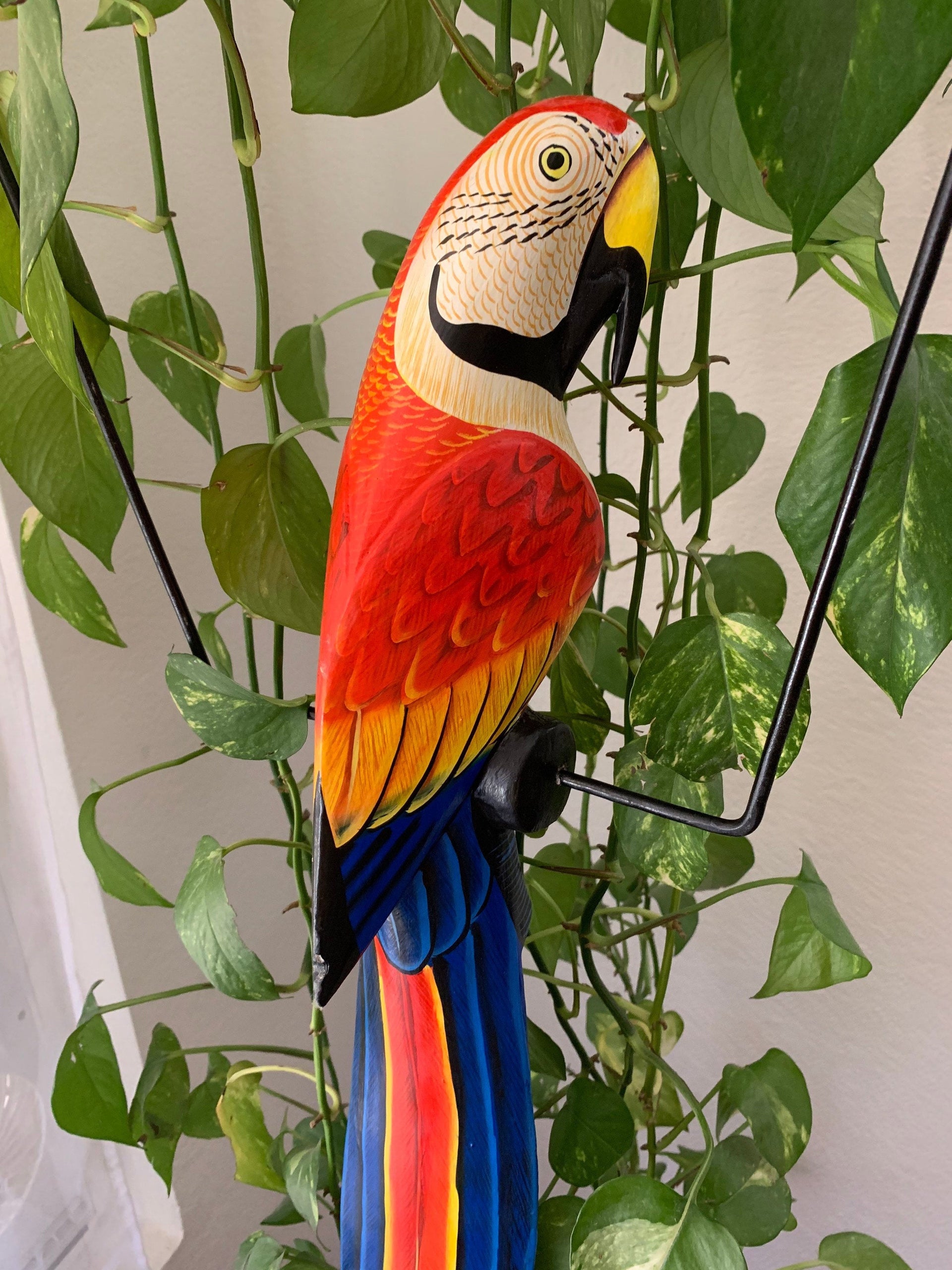 Tropical Scarlet Macaw Parrot Hanging Bird Statue Wood Carving 32"x 11" in
