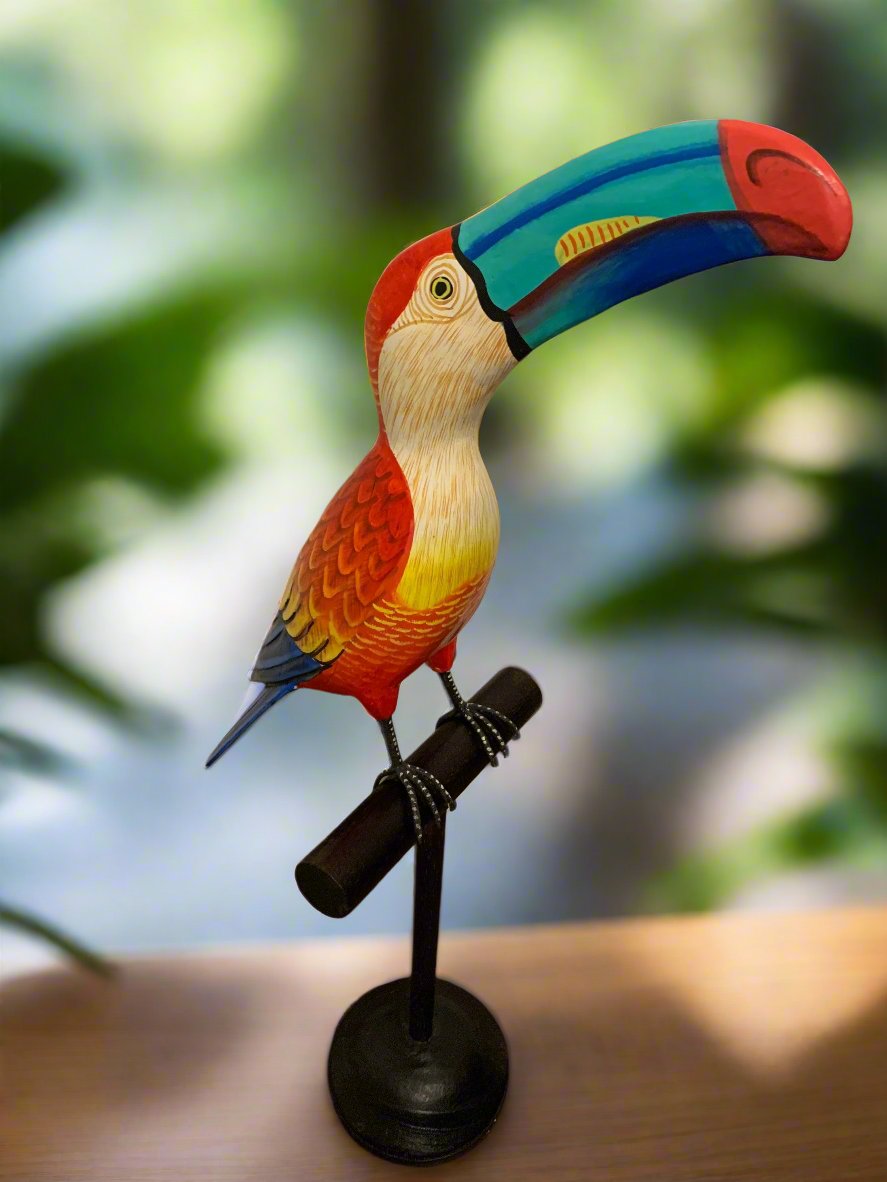 Tropical Rainbow Toucan Wood Carving Statue 20" beak to tail
