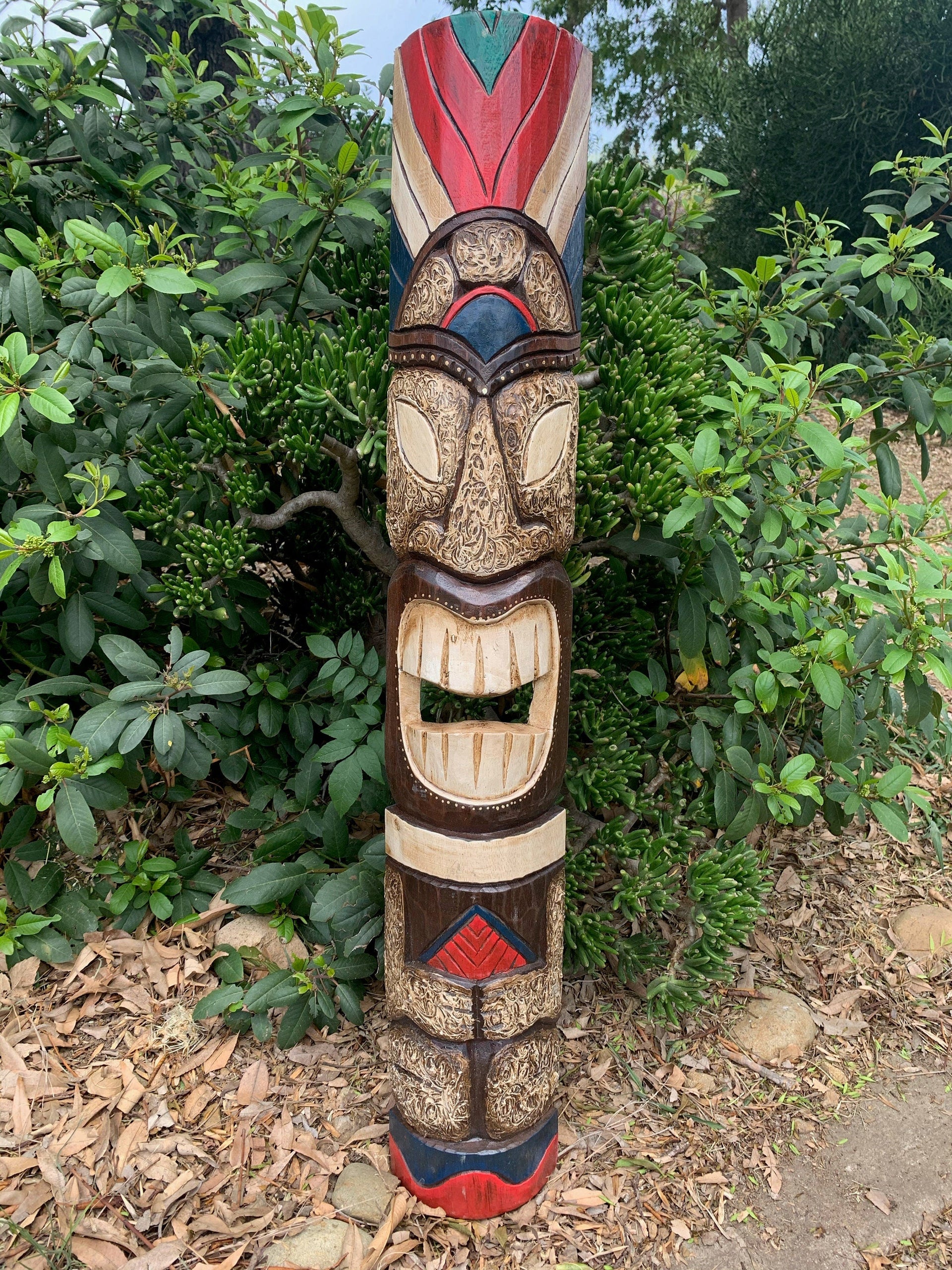 Tiki Totem Tahitian Wood Mask Tropical Bar Patio Decor  39"x 6"in