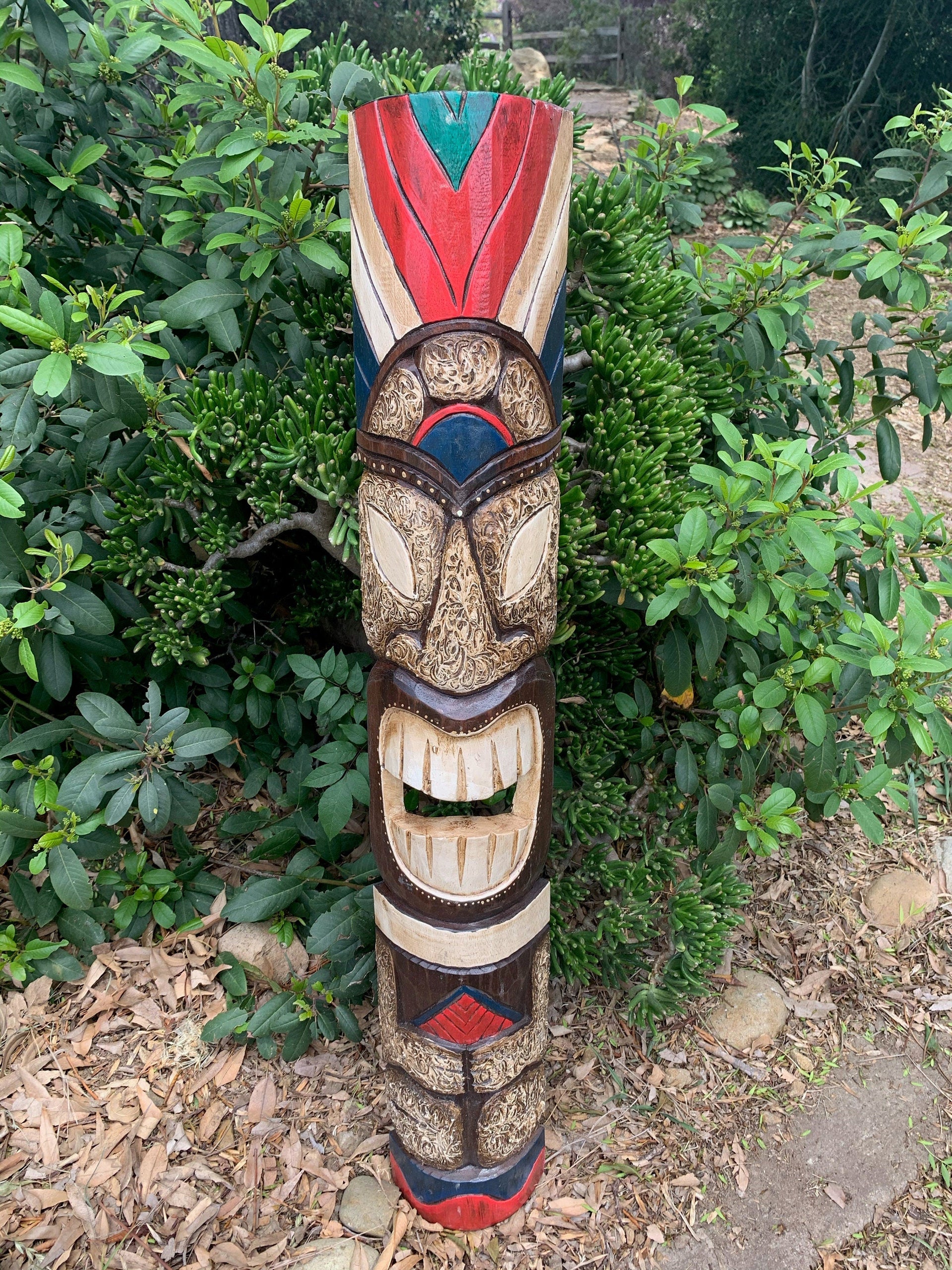 Tiki Totem Tahitian Wood Mask Tropical Bar Patio Decor  39"x 6"in