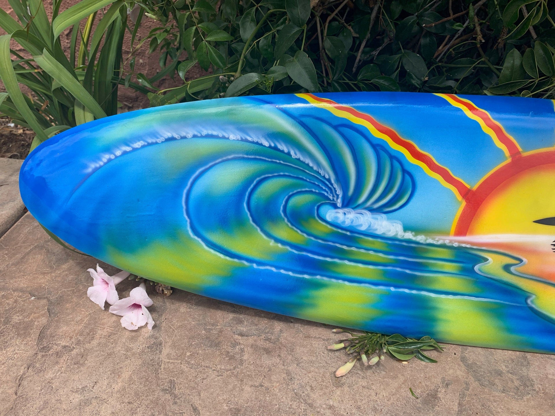 Surfer Sunrise Tropical Beach Airbrushed Surfboard Mango Wood Wall Plaque 39"x10"