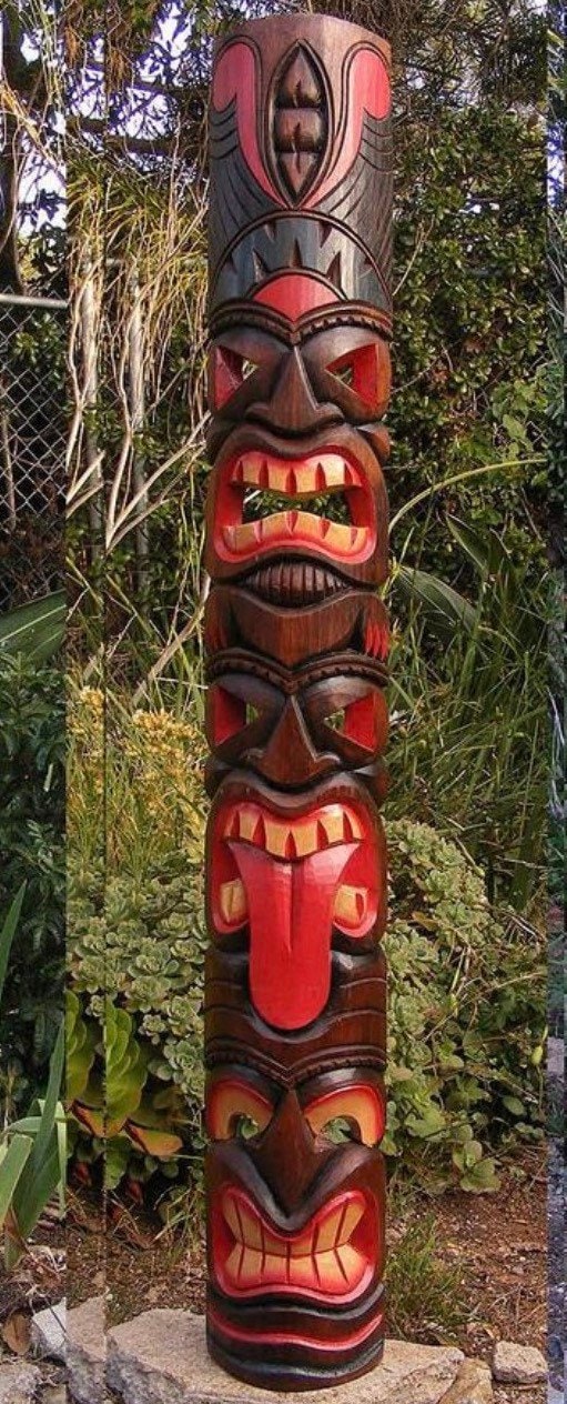 5 Foot Set of Hand Carved Wooden Tiki Totem Masks Tropical Bar Patio Decor 60"x 7"in