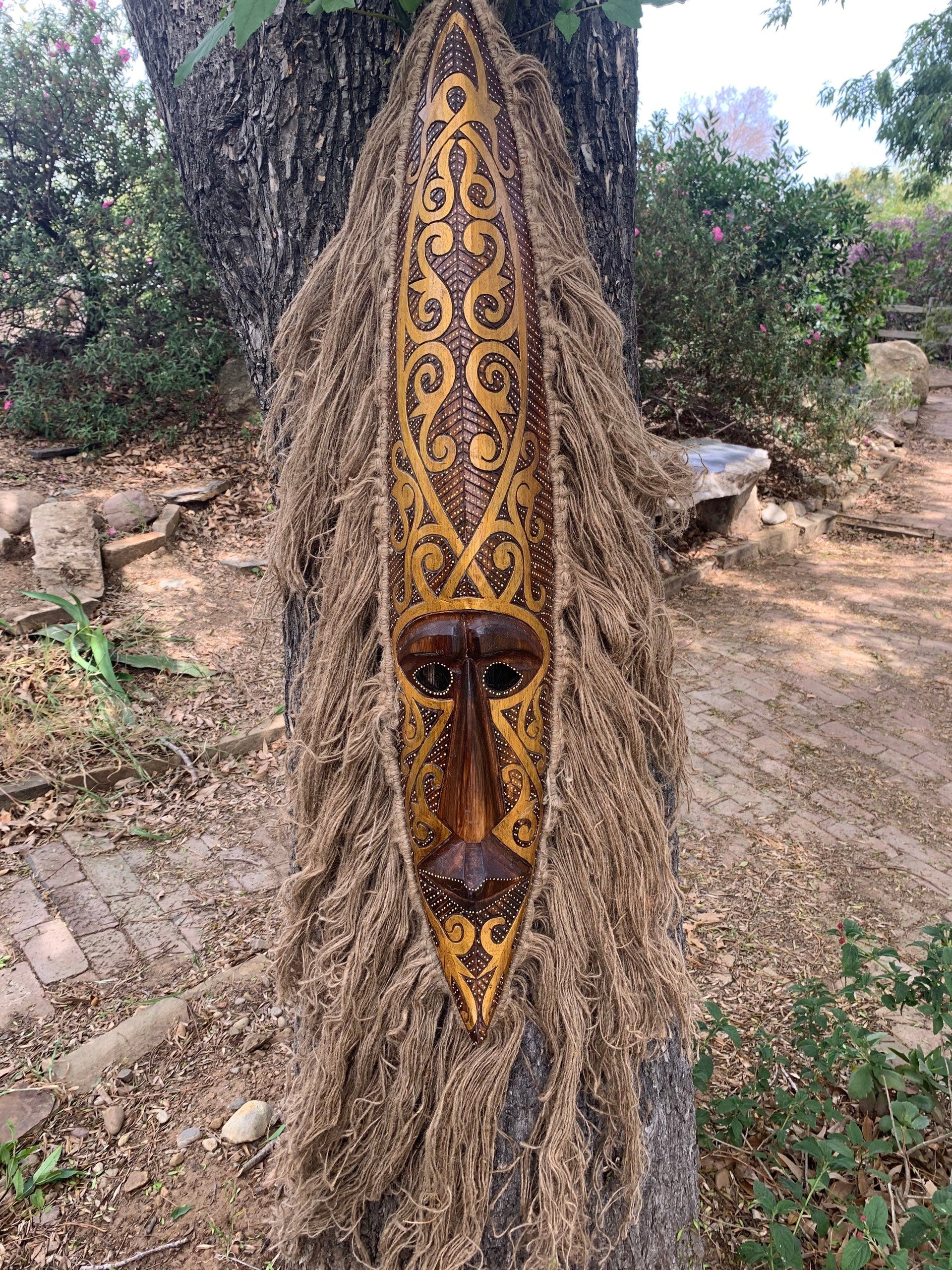 Tribal Primitive African Tiki Tattoo Art Mask with Hair 39”x 6”