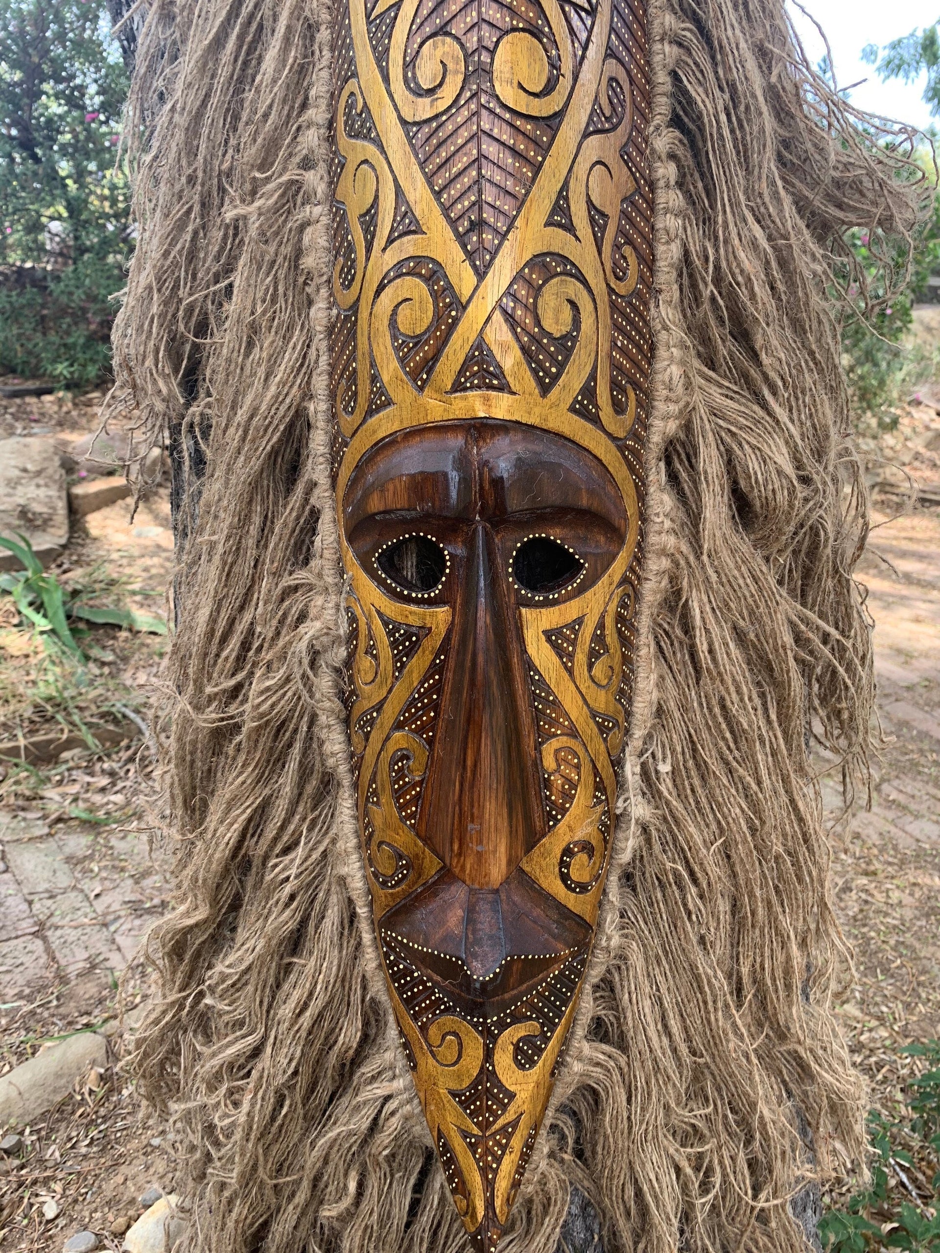 Tribal Primitive African Tiki Tattoo Art Mask with Hair 39”x 6”