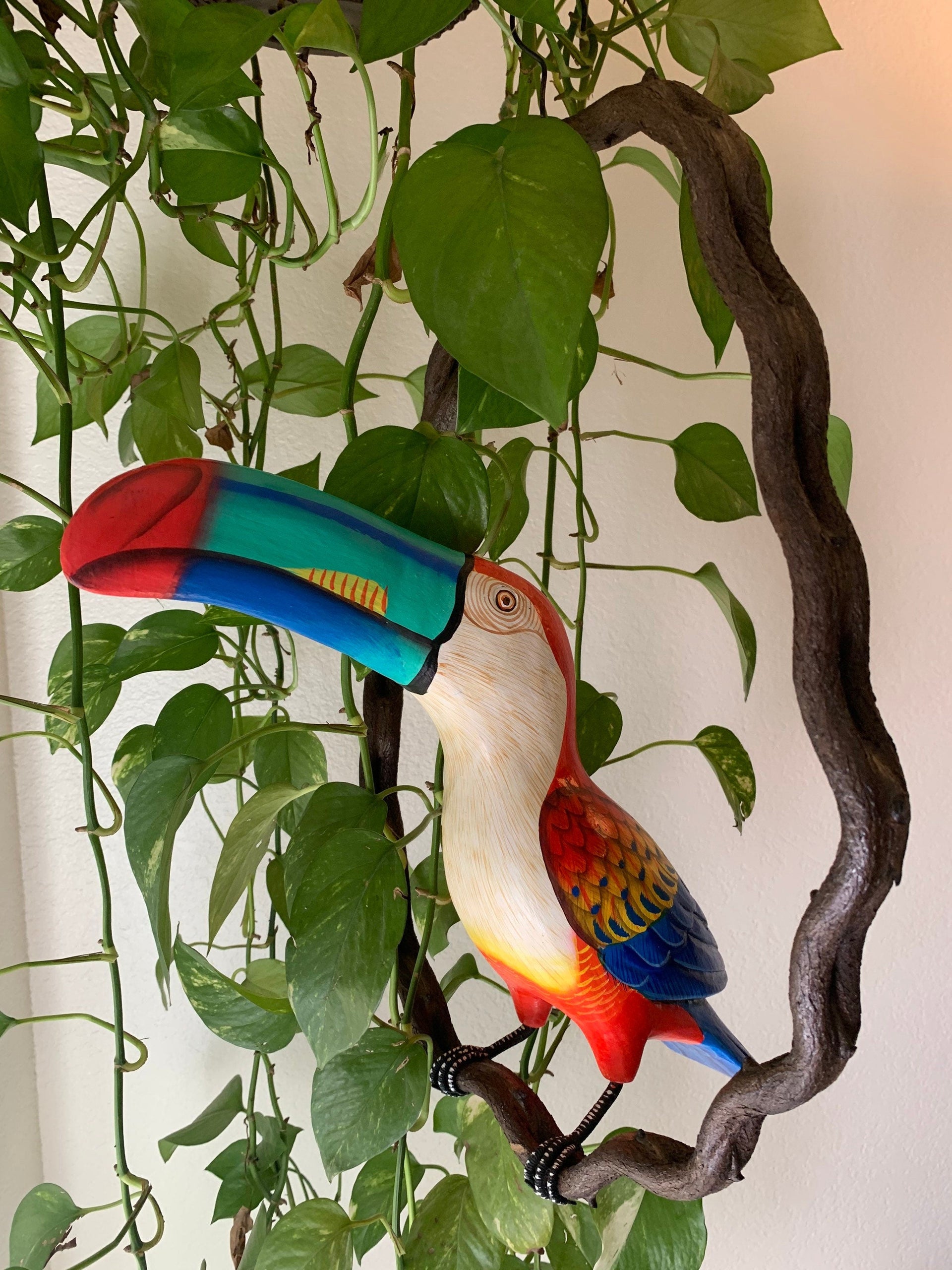 Colorful Toucan Handcrafted Wood Hanging Bird Statue  20"in Head to Tail