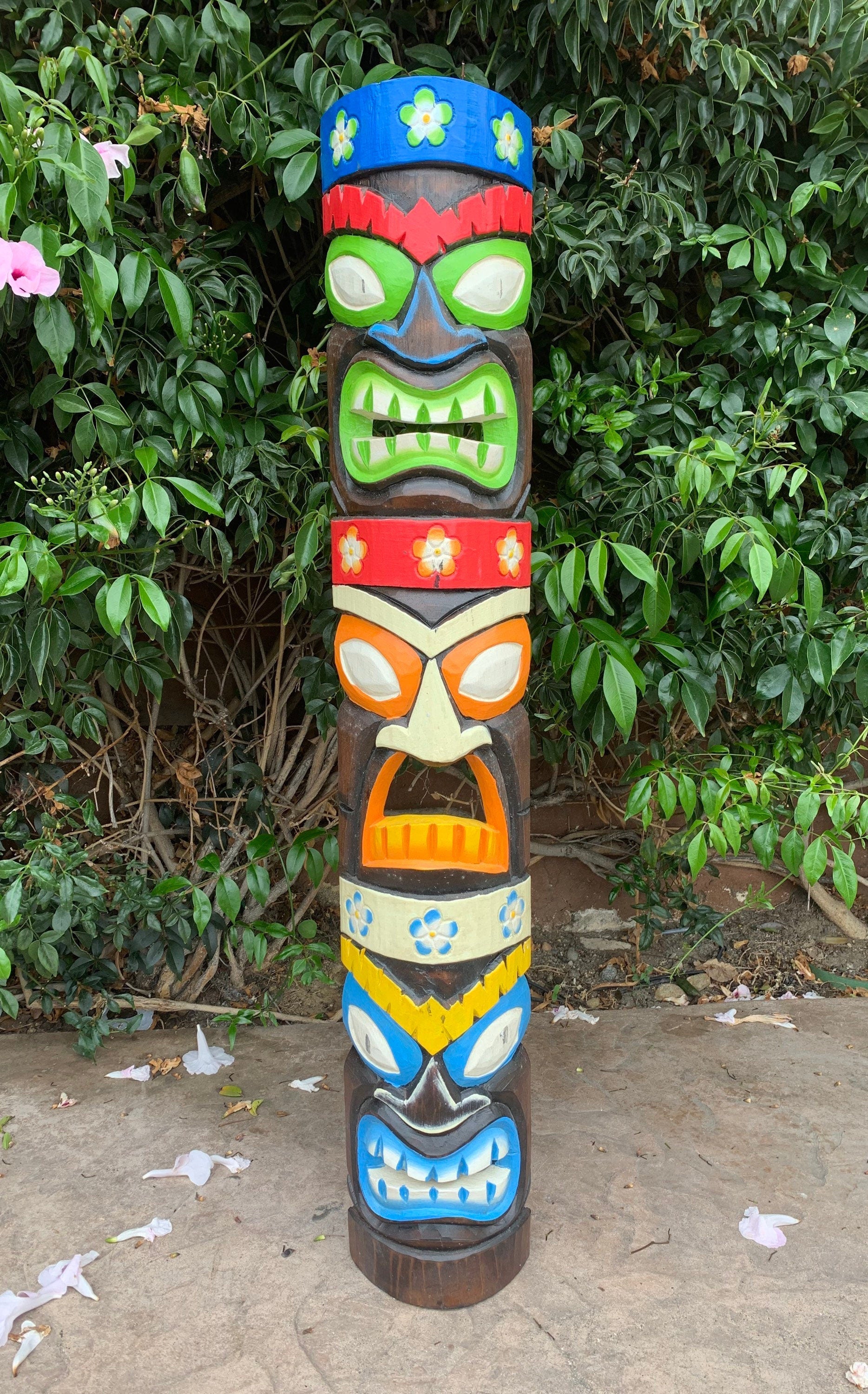 Tiki Totem Colorful Wood Mask Tropical Bar Patio Decor  39"x 6"in