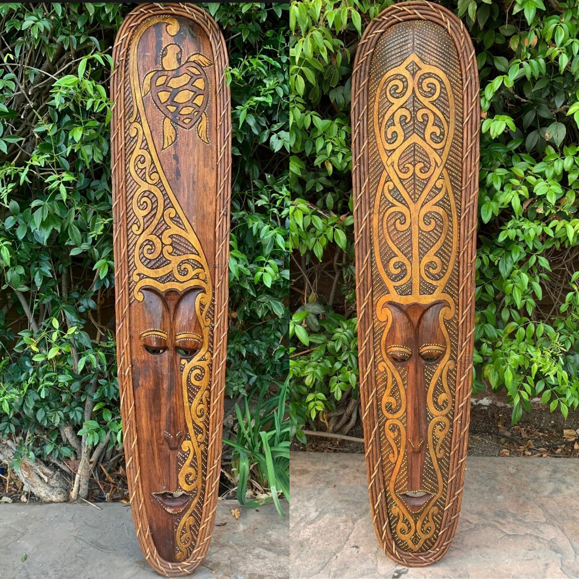 Set of Tribal Turtle Primitive Wood Mask Wall Plaques 40"x 8" inches