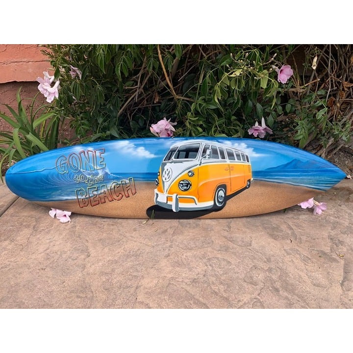 Gone To The Beach VW Bus Airbrushed Surfboard Wall Plaque Mango Wood 39"x 10"