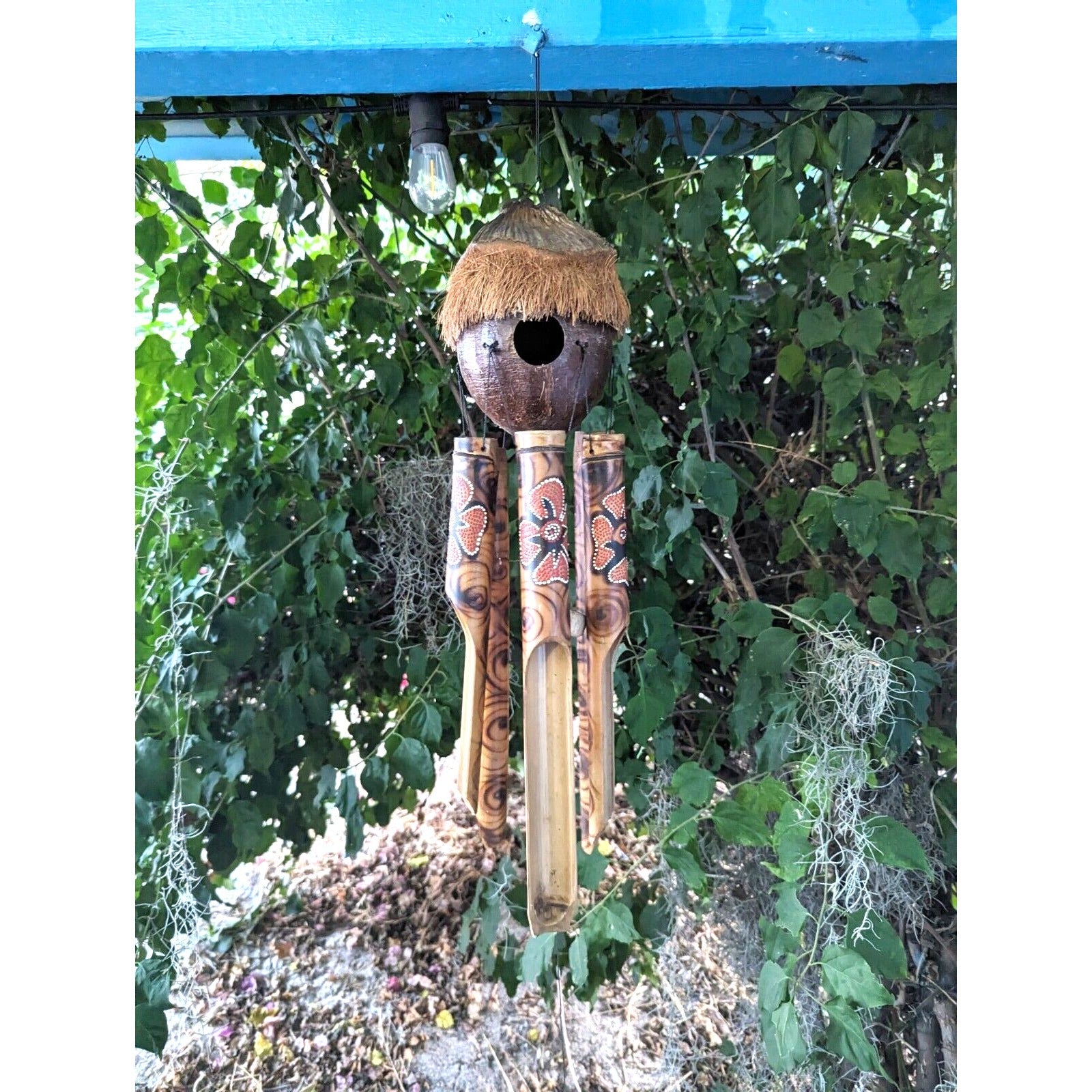 Full Coconut Bamboo Bird House Wind Chime Burned Flower Design Tiki Bar Tropical - Eco Friendly