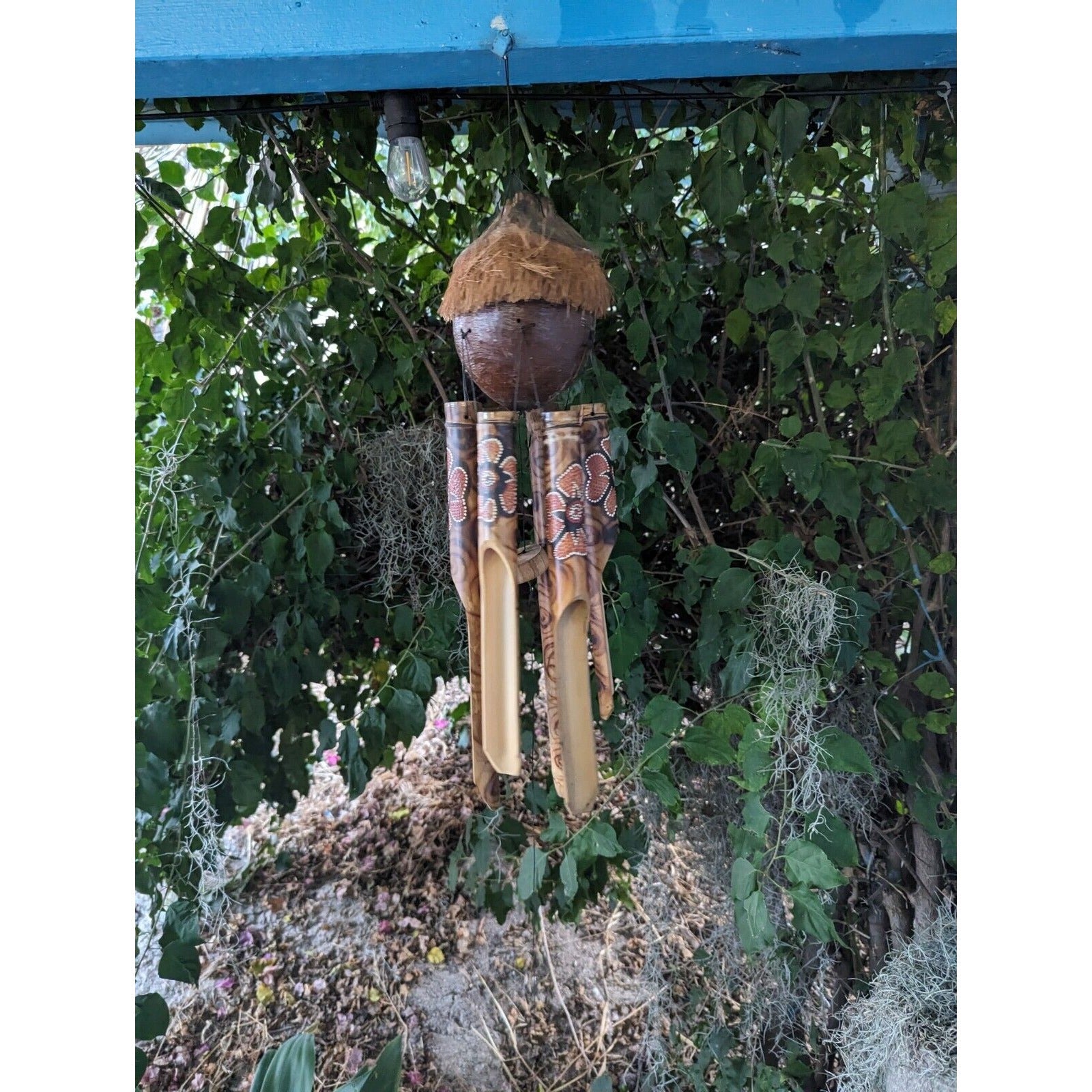 Full Coconut Bamboo Bird House Wind Chime Burned Flower Design Tiki Bar Tropical - Eco Friendly
