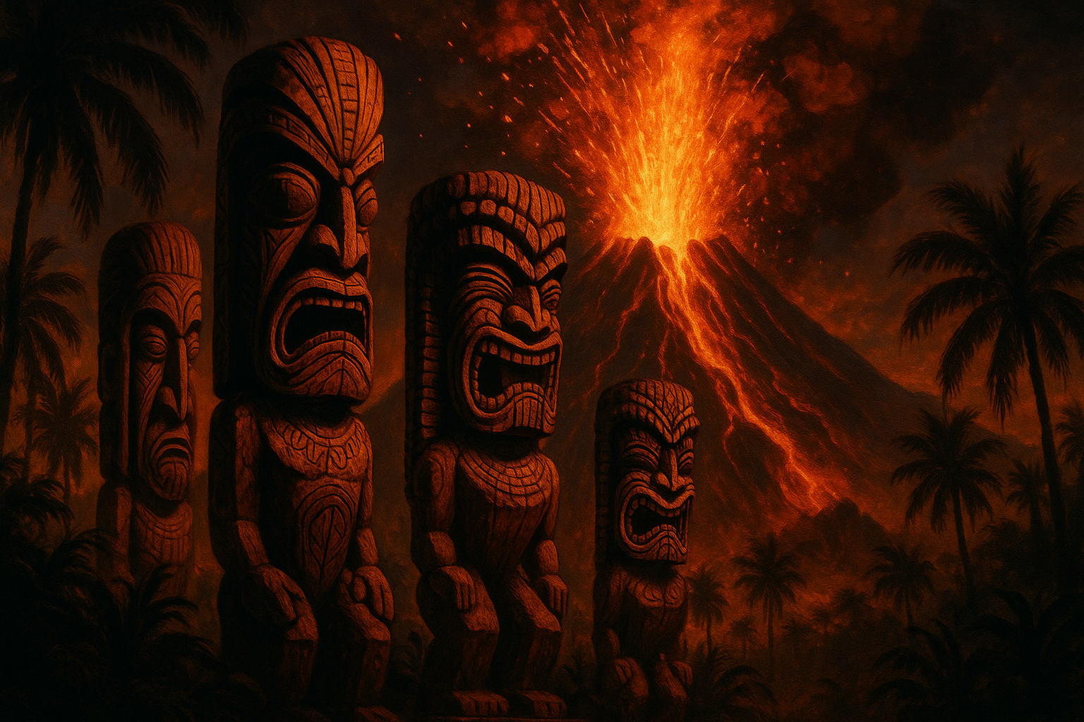 Tiki Statues in front of an exploding volcano