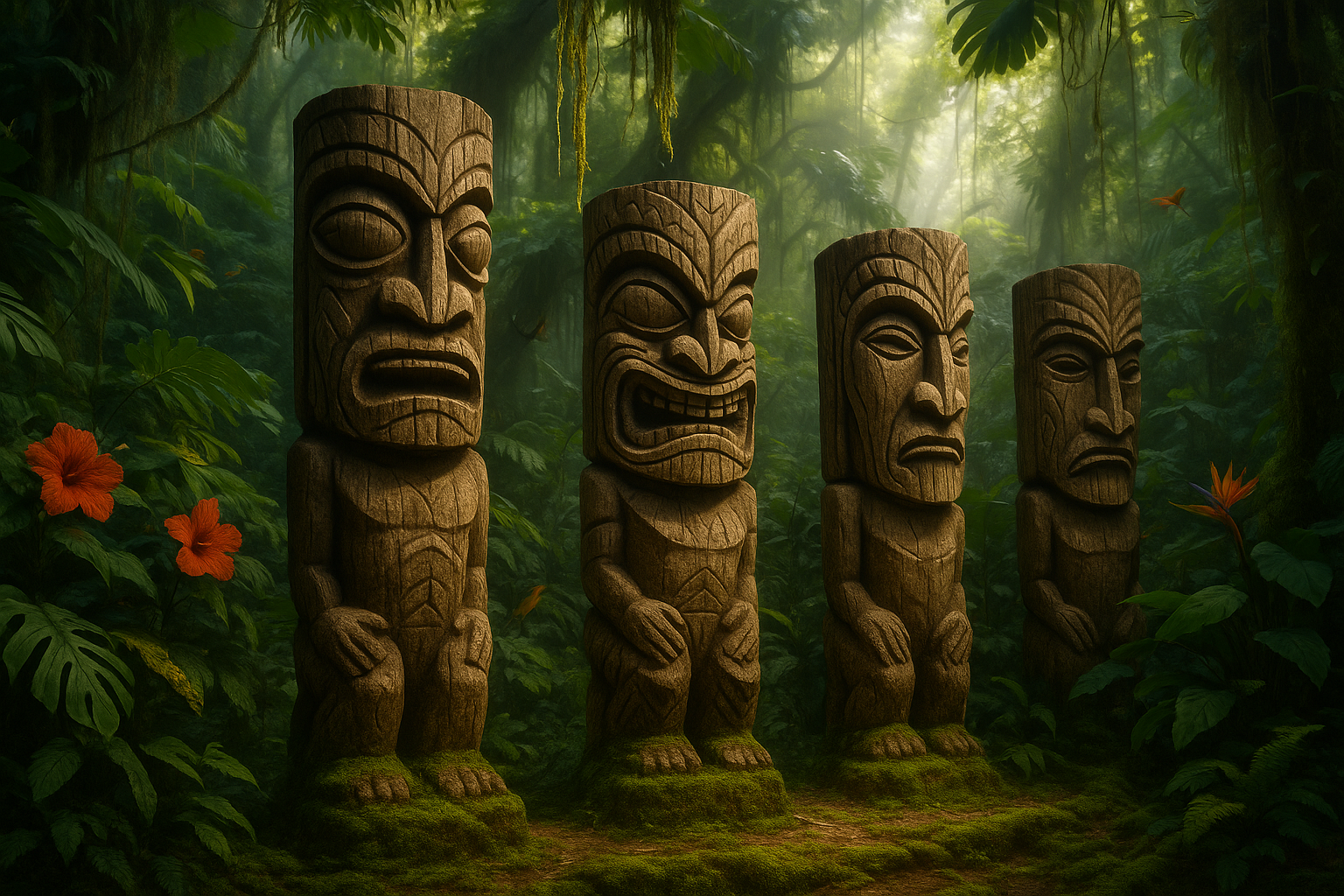 tikis in a tropical jungle